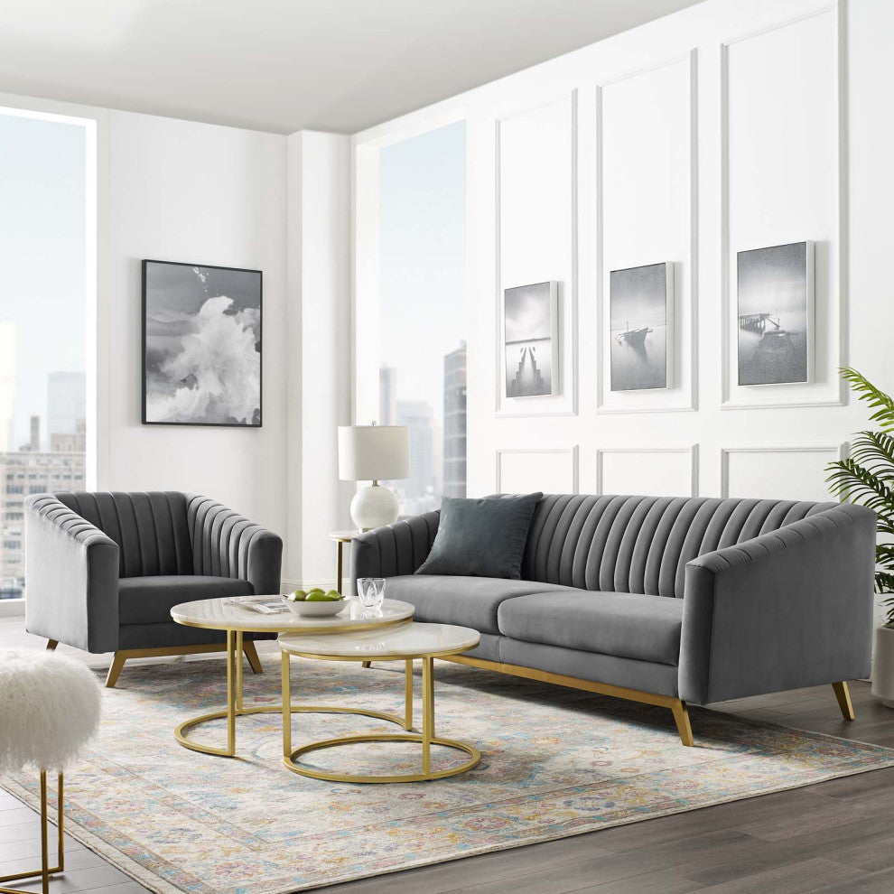 Tufted Armchair and Sofa Set, Velvet, Gray, Modern, Lounge Hospitality