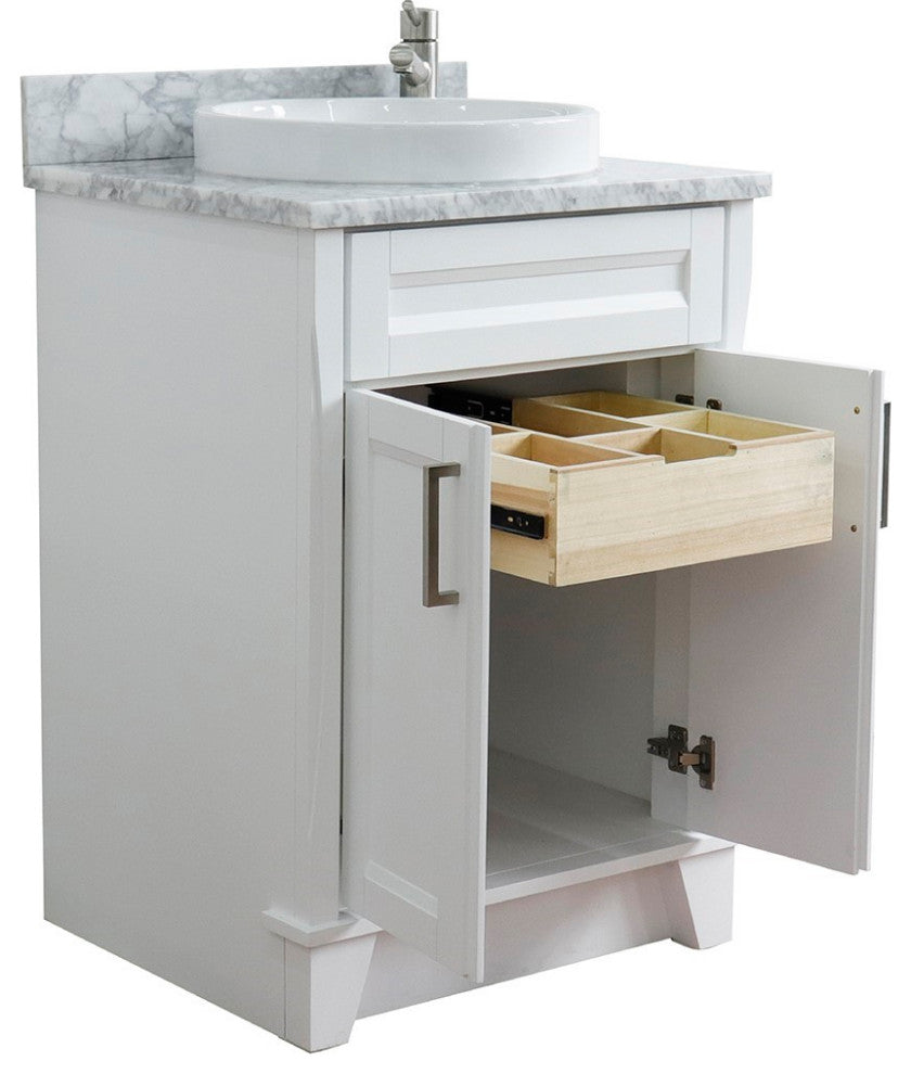 25" Single Sink Vanity, White Finish With White Carrara Marble And Round Sink