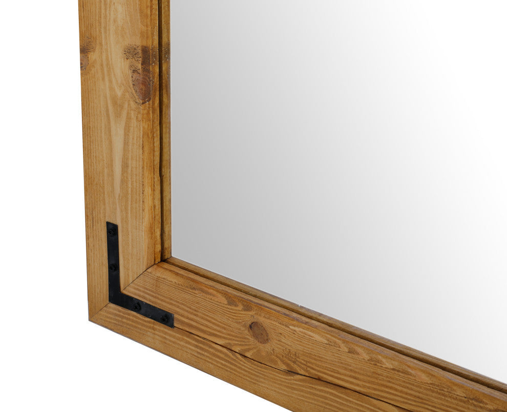 Natural Wood Framed With Metal Corner Bracket Mirror, Light
