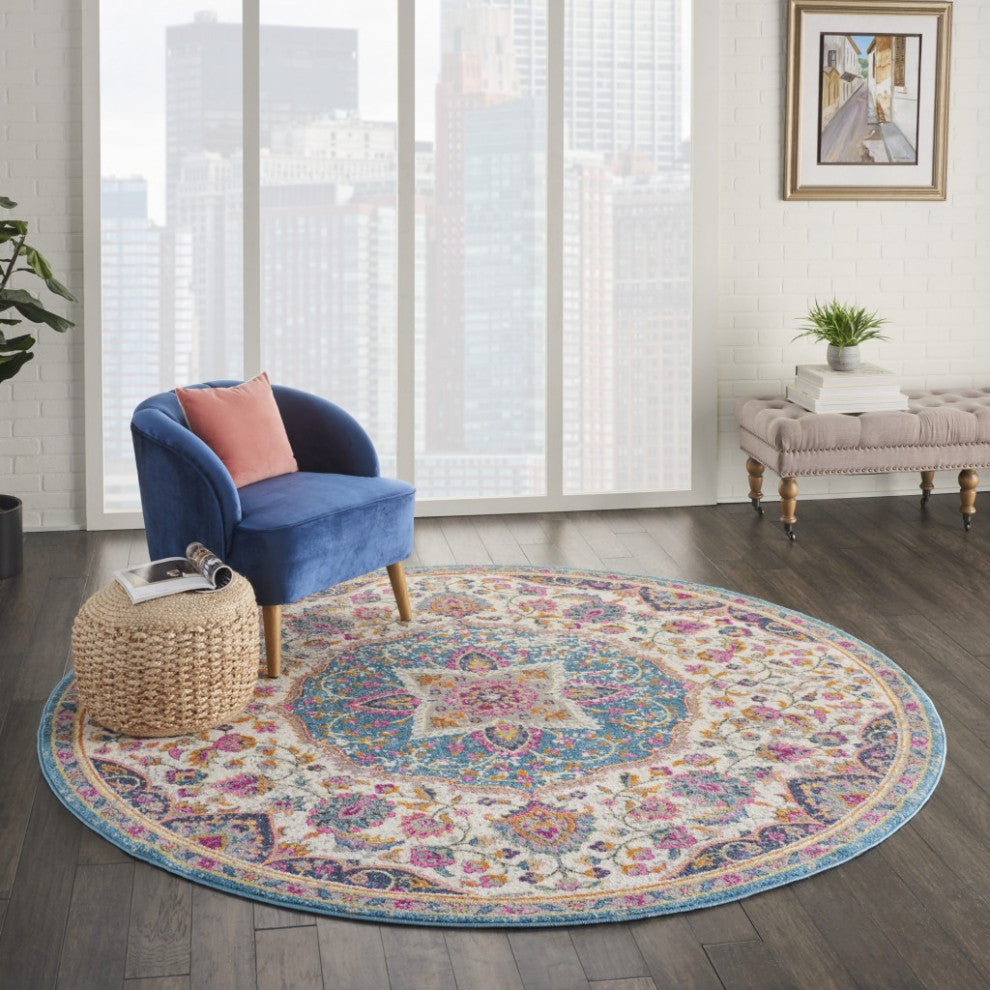8 Round Pink and Blue Floral Medallion Area Rug