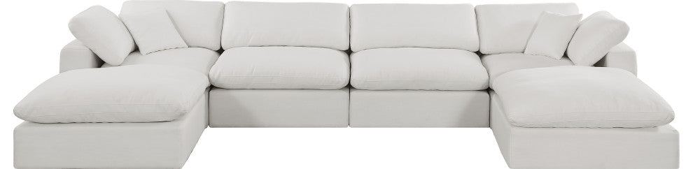 Comfy Upholstered U-Shaped Modular Sectional, Cream, 6-Piece: 2 Armless Chair, 2 Corner Chair, 2 Ottoman, Linen Textured Fabric