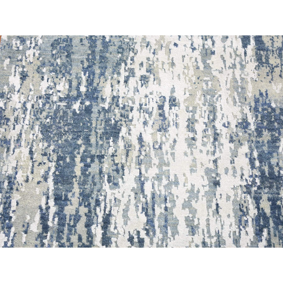Hand Knotted Abstract Design Wool and Real Silk Denim Blue Runner Rug 2'7"x12'1"