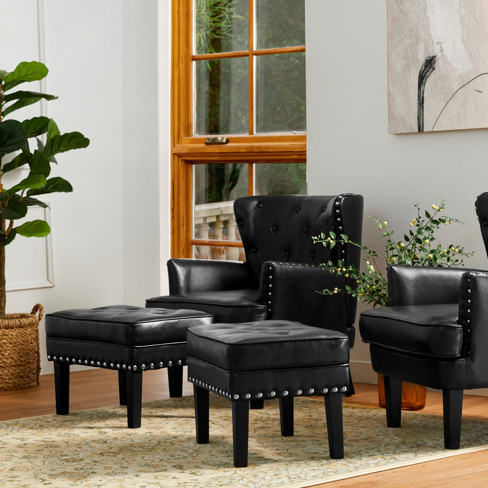 Set of 2 Leatherette Button-Tufted Accent Stool, Black
