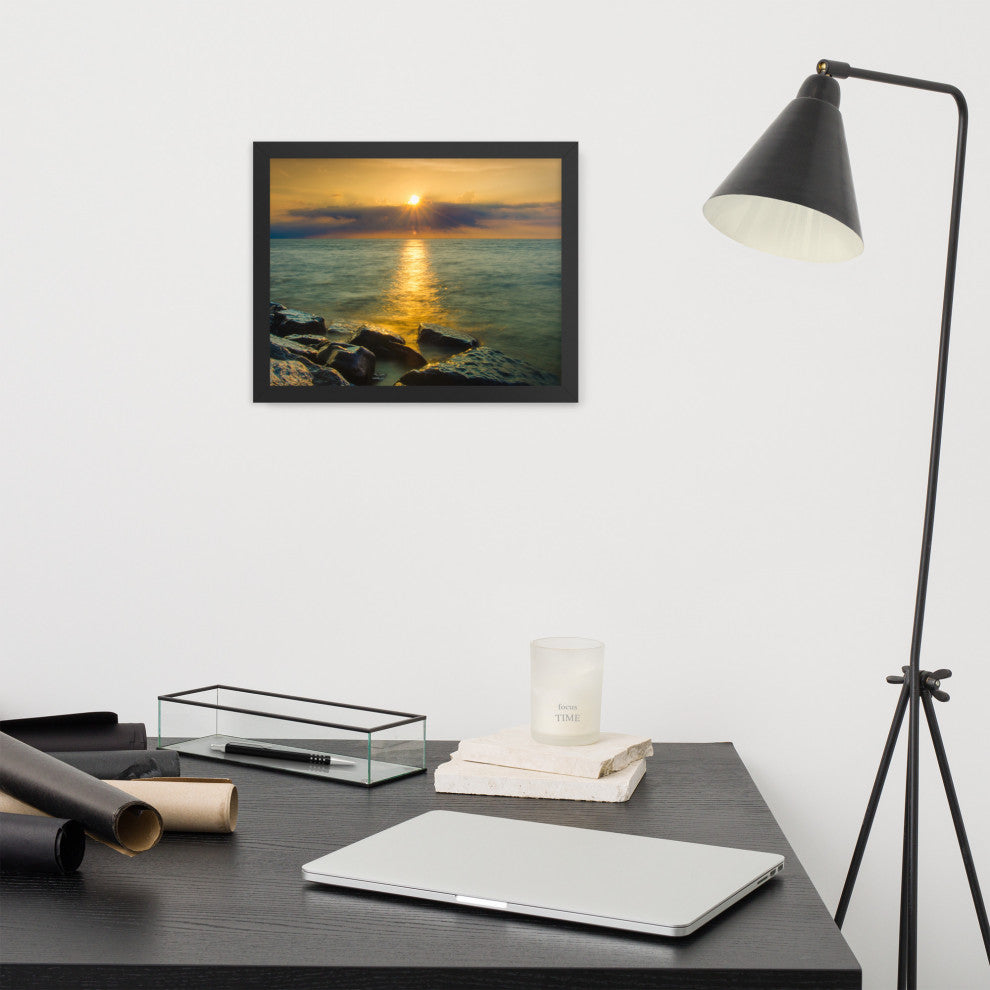 Sun Ray on the Water Coastal Landscape Framed Photo Paper Wall Art Print, Black, 11" X 14"