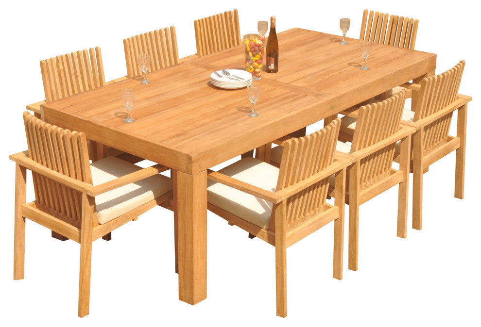 9-Piece Outdoor Teak Dining Set: 86" Rectangle Table, 8 Clip Stacking Arm Chairs