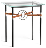 Equus Side Table, Black Finish, Natural Iron Accents, Chestnut Leather Strap