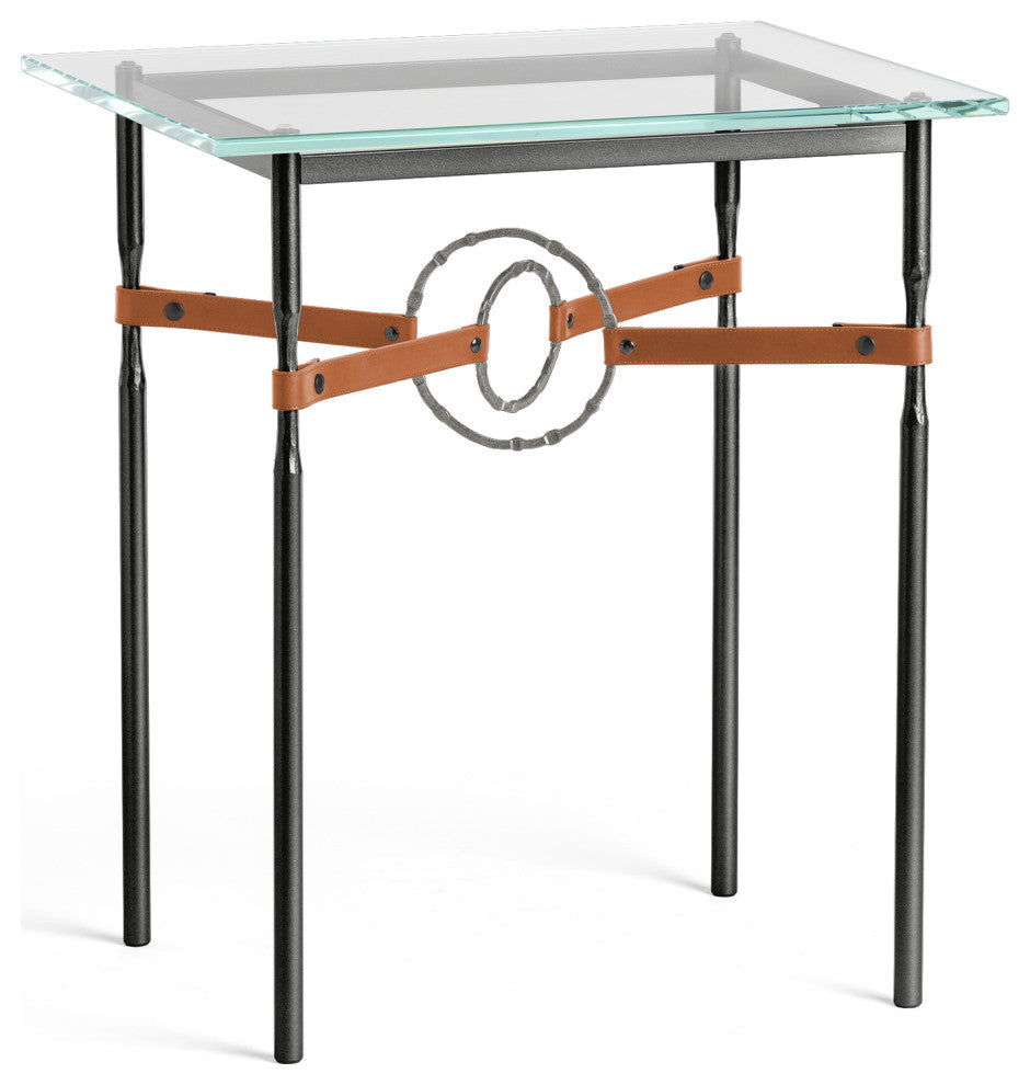 Equus Side Table, Black Finish, Natural Iron Accents, Chestnut Leather Strap