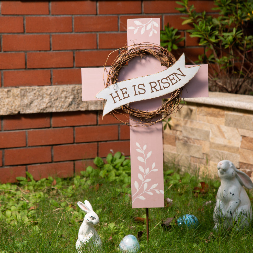 32" Easter Wooden/Metal Cross Yard Stake/Wall Decor