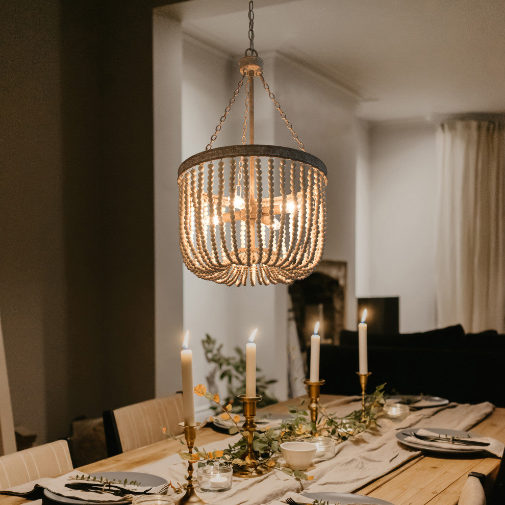 Wood Beaded Chandelier 4-light Drum Basket Ceiling Light