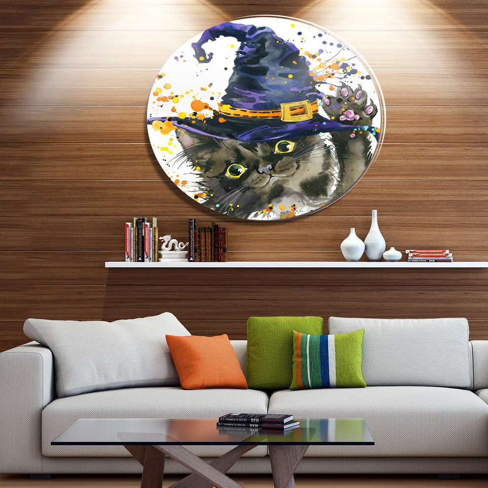 Halloween Cat And Witch Hat, Animal Art Round Wall Art, 11"
