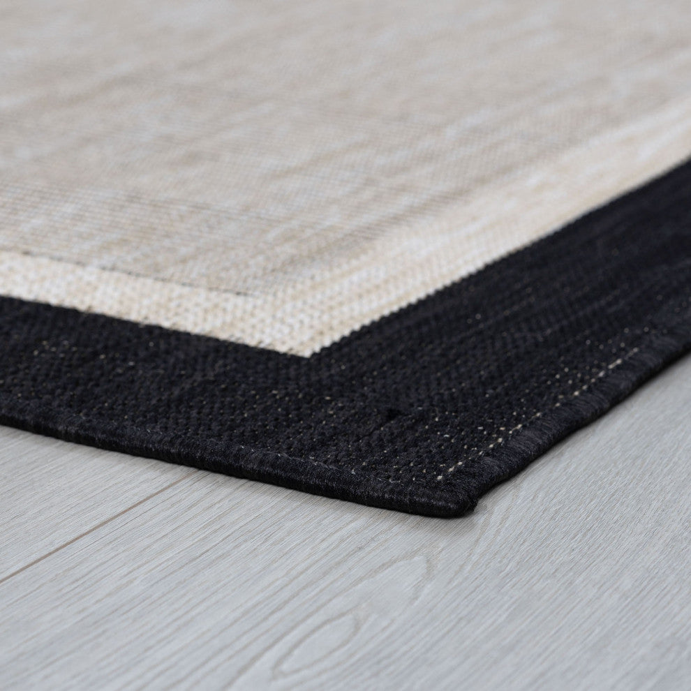 Dania Transitional Solid Border Black/Cream Indoor/Outdoor Runner Rug, 2'x7'