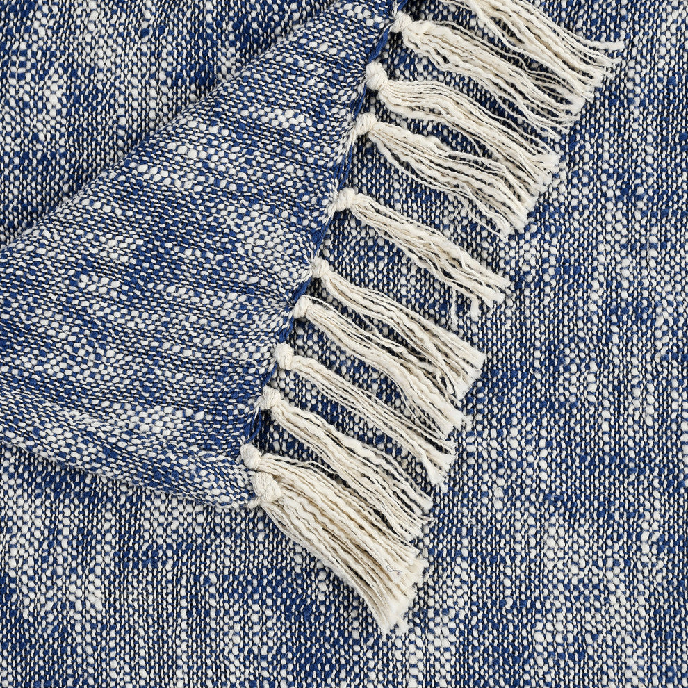 Boho Chambray Throw Blanket with Fringe, Navy Blue