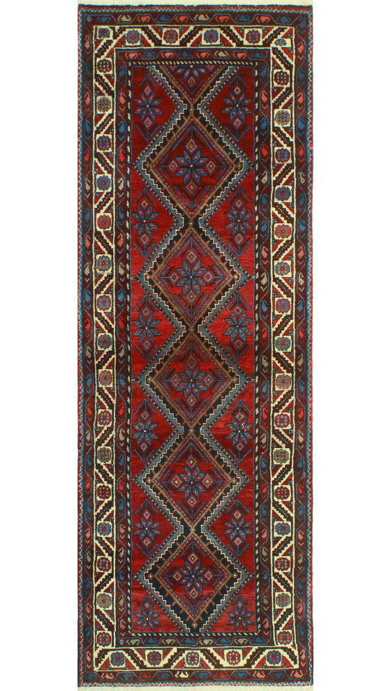 Fine Vintage Distressed Behbaha Red/Blue Runner, 3'4 x 9'11