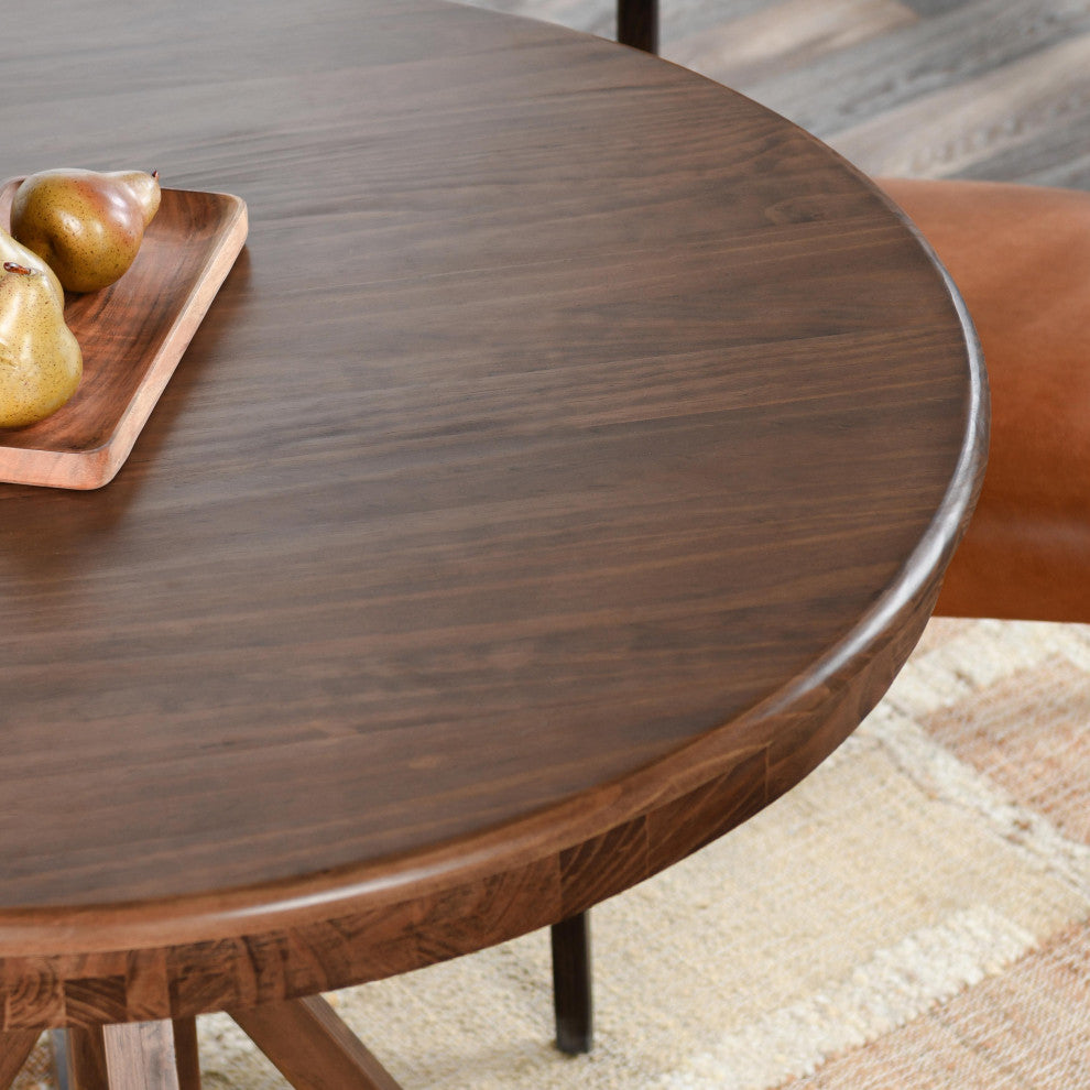 Maxwell 42" Round Pine Wood Dining Table, Brown Finish by Kosas Home