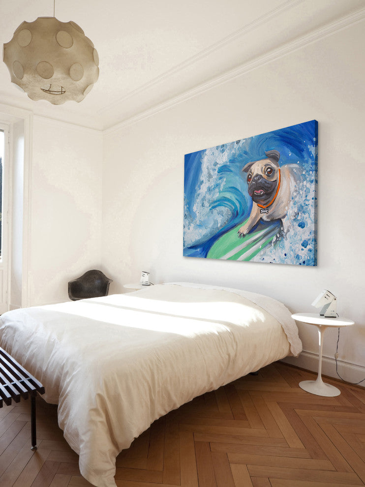 "Surfing Pug" Painting Print on Wrapped Canvas, 24"x16"