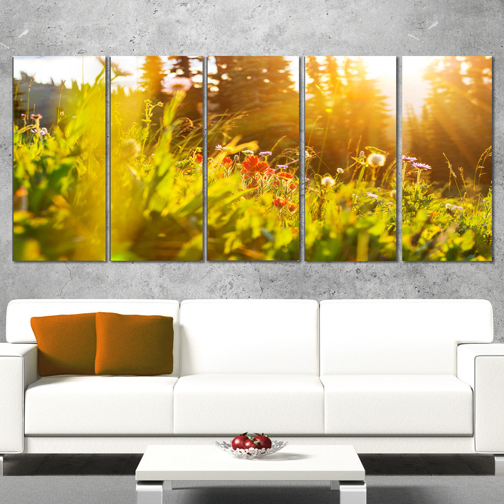 Green Meadow with Summer Flowers, Flower Canvas Wall Art, 60"x28", 5 Panels