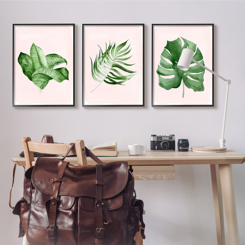 Boho Palm Leaves over Pink Modern Tropical Plants,3pc, each 24 x 30