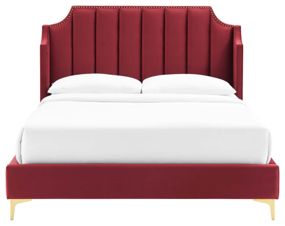 Platform Bed Frame, Queen Size, Velvet, Red, Modern Contemporary, Bedroom Master