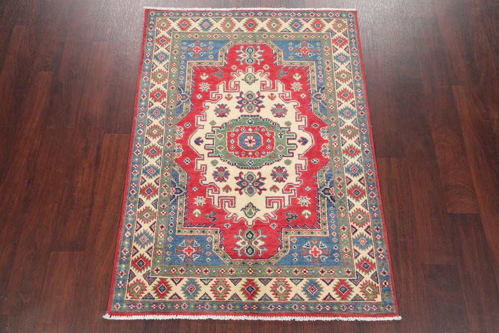 Hand-Knotted Wool Kazak Traditional Oriental Pakistani Area Rug, Red, 4'8"X3'4"
