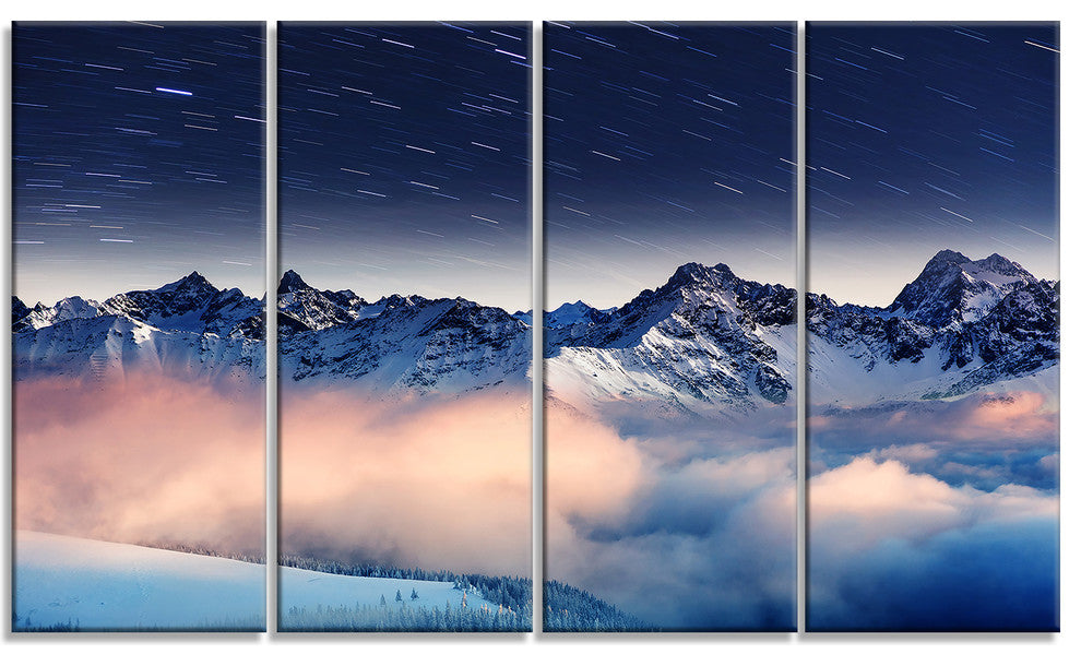 Milky Way Over Frosted Mountains, Landscape Canvas Art Print, 48"x28", 4 Panels
