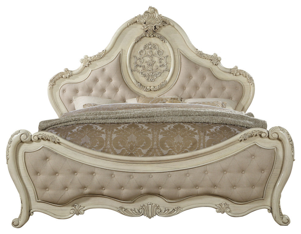 ACME Ragenardus Bed, Beige Linen and Antique White, California King