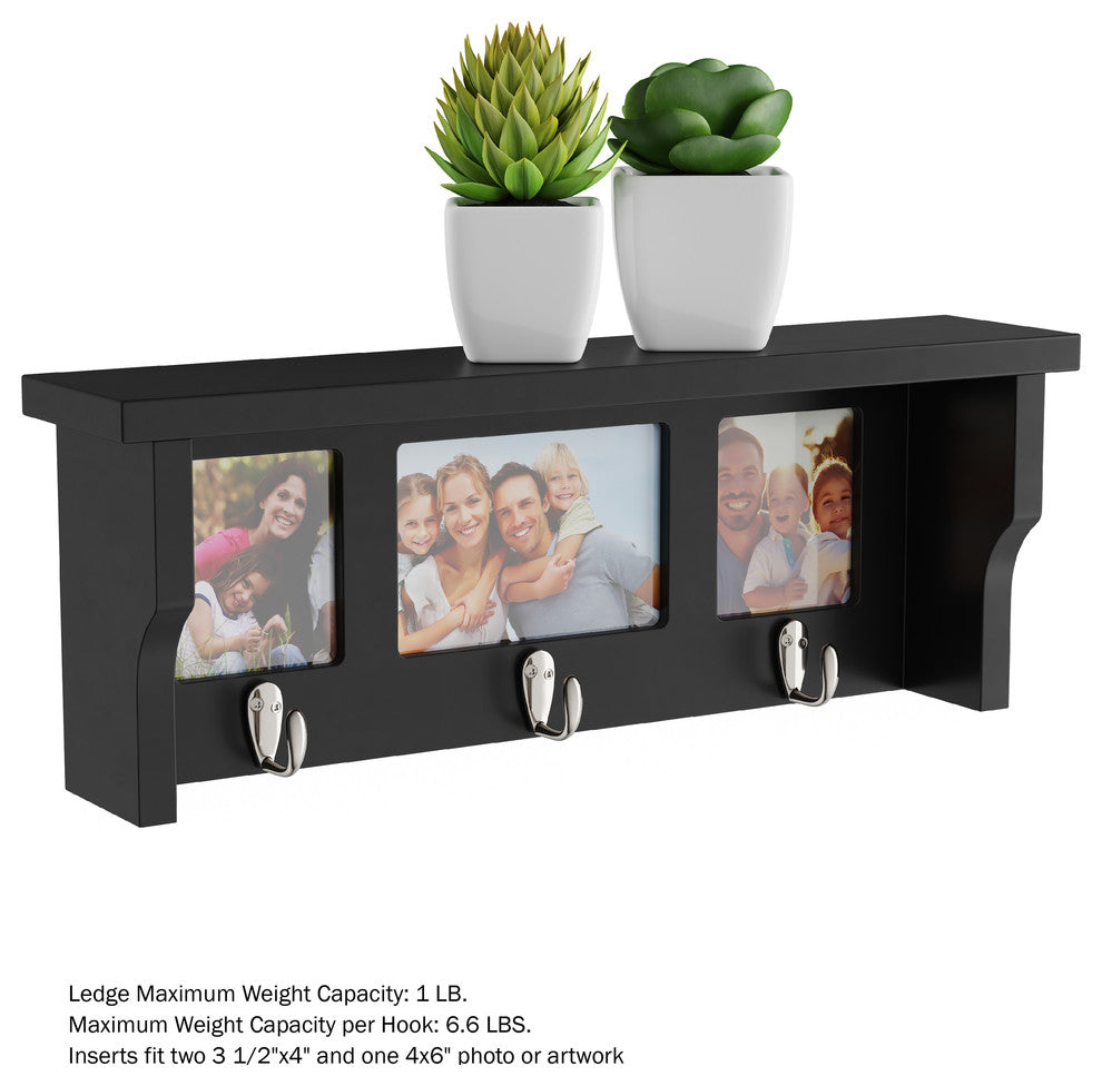 Lavish Home Black Wall Shelf And Photo Collage With 3 Hooks
