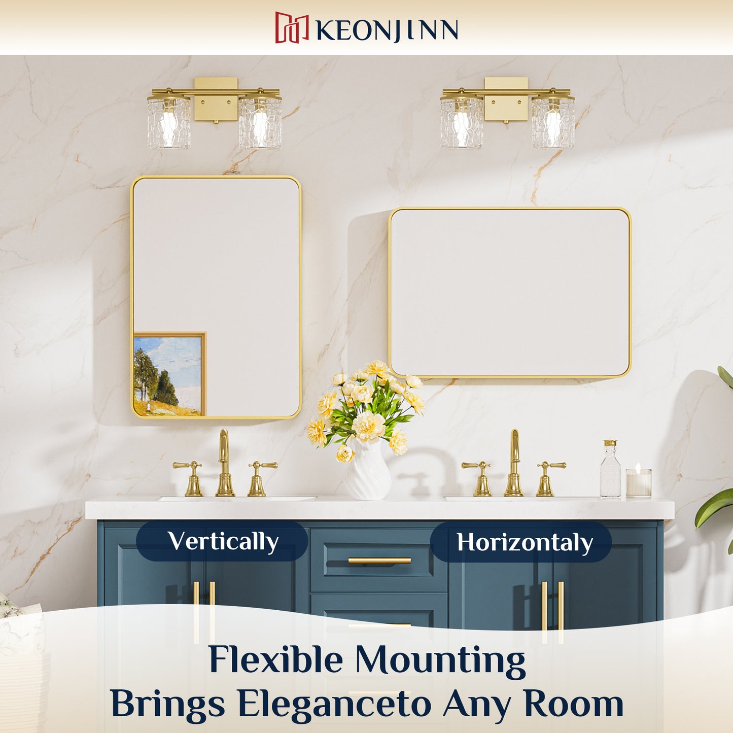 Metal Frame Decorative Rectangular Wall Mount Mirror, Gold, 48"x30"