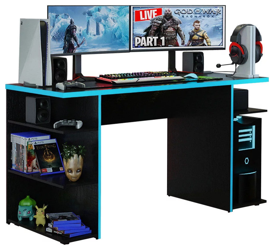 Modern Desk, Wooden Construction With Multiple Open Shelves & Large Top, Blue