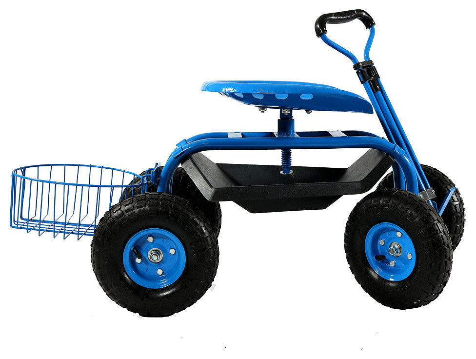 Sunnydaze Rolling Garden Cart With Steering Handle, Seat and Tray, Blue