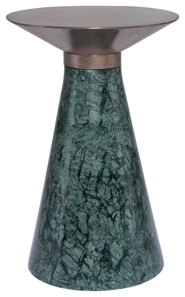 Iris Pedestal Side Table, Green Marble Base with Brushed Copper Top