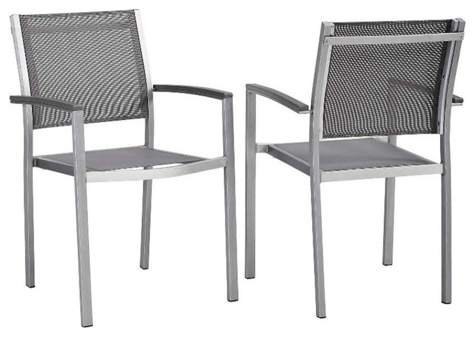 Modway Shore Fabric Aluminum Patio Dining Arm Chair in Silver/Gray (Set of 2)
