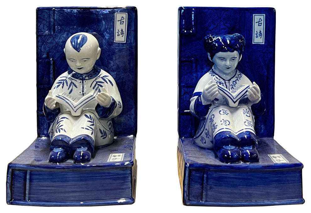 Porcelain Blue and White Kid Reading Book Figure Bookend Stopper Hws2707