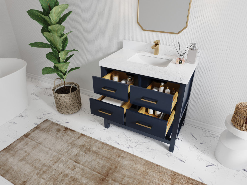 Parker 36 Single Sink Bath Vanity in Navy Blue  2" Carrara Marble