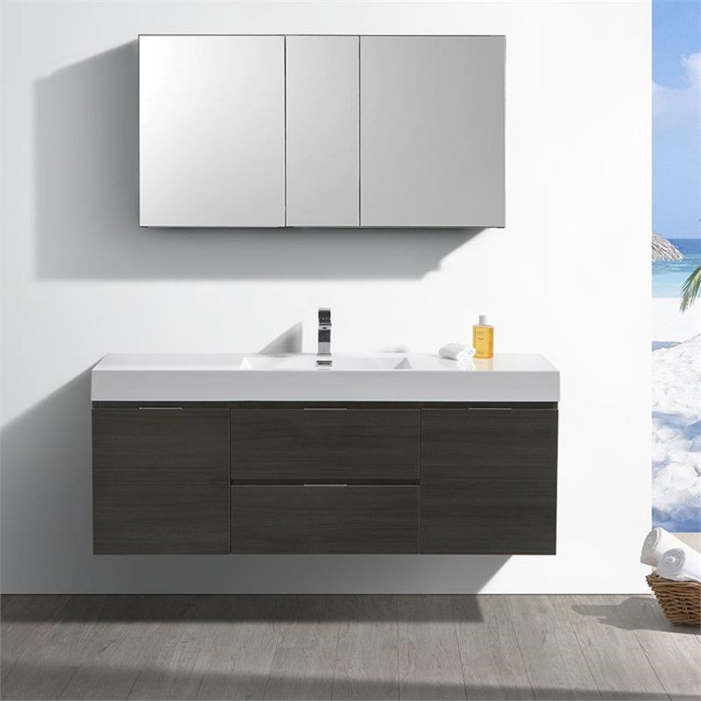Valencia 60" Gray Oak Wall Hung Bathroom Vanity Set, Cabinet, Faucet FFT1030BN