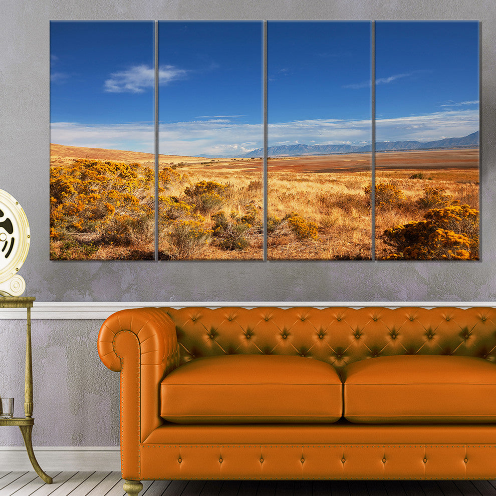 Expansive Prairie under Blue Sky, Landscape Canvas Art Print, 48"x28", 4 Panels