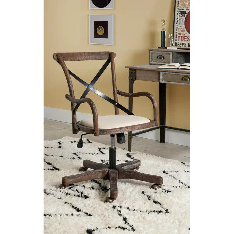 Rustic Office Chair, Wooden Frame With Cushioned Seat & X-Shaped Metal Backrest