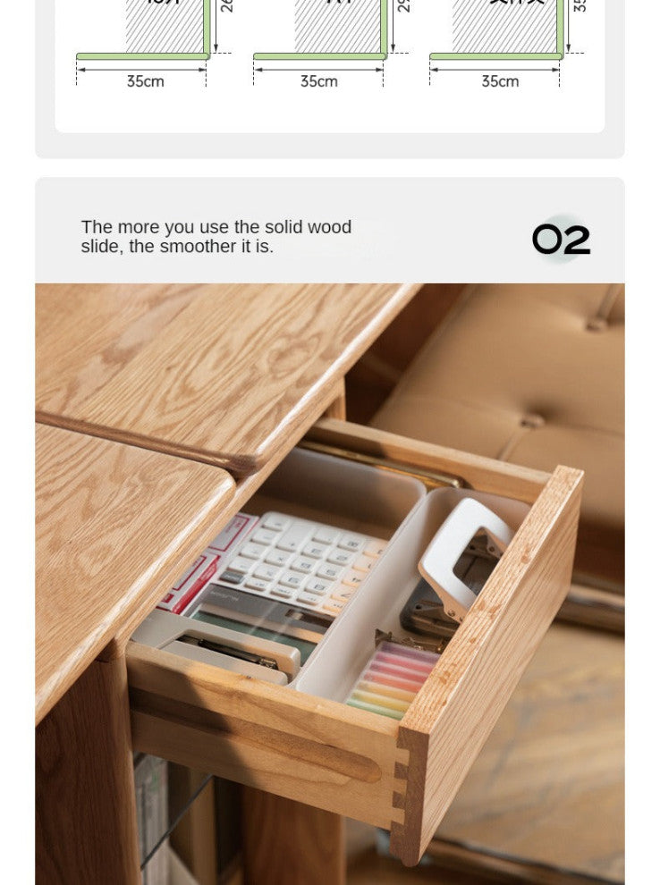 Oak Solid Wood Office Desk, Natural Wood, 35.4x22x29.5", + Cabinet