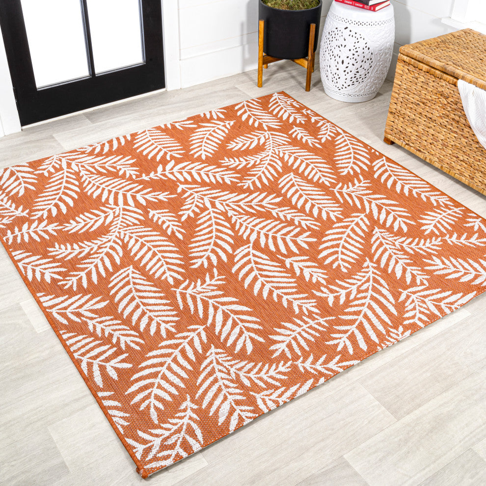 Nevis Palm Frond Indoor/Outdoor, Orange/Cream, 5' Square