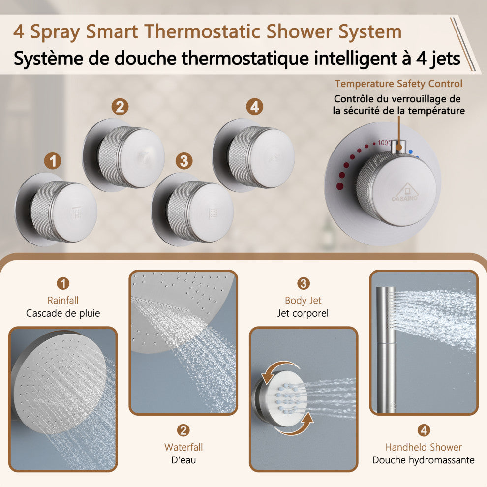 12inch Adjustable Shower Head With Shelf and Spray Gun Function, Brushed Nickel