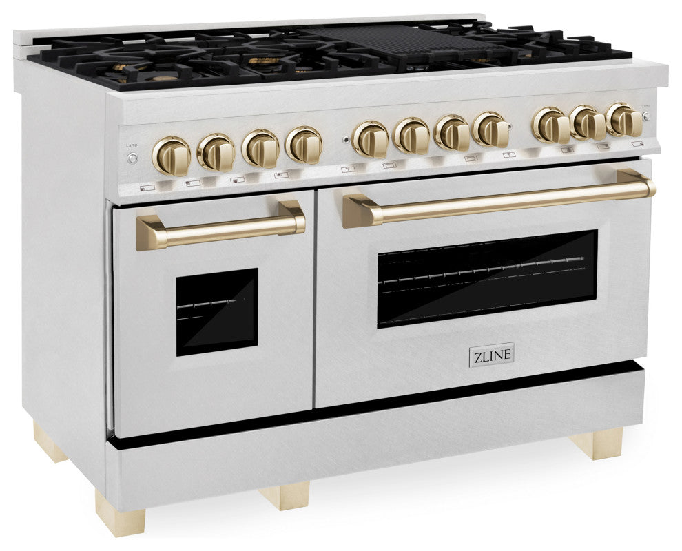 ZLINE 48" Dual Fuel Range, DuraSnow With Gold Accents RASZ-SN-48-G