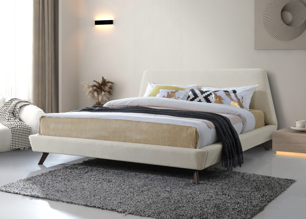 Henry Mid-Century Modern Upholstered Platform Bed, Beige, King