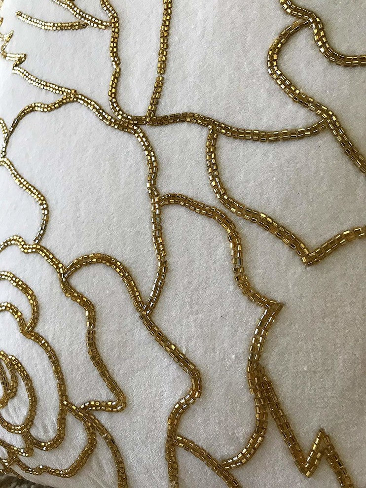 Isabella 18" Crafted Velvet Decorative Throw Pillow Cover, Gold Rose Pattern