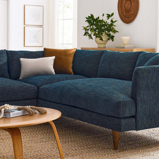 Zoya 3 Piece Down Filled Overstuffed Sectional Sofa, Heathered Weave Azure