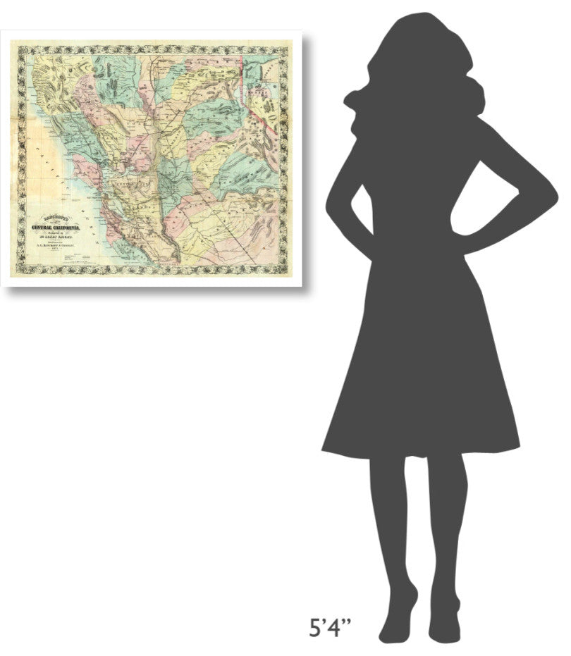 "New Map of Central California, 1871" Paper Print by A.L. Bancroft, 32"x27"