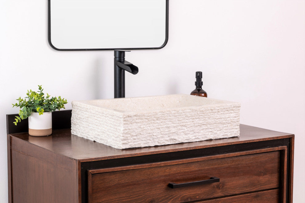 Natural Stone Vessel Bathroom Sink, Rustic Rectangular Stone Sink, Ojinaga
