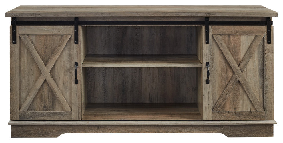 58" Farmhouse Sliding Barn Door TV Stand Media Console, Gray Wash