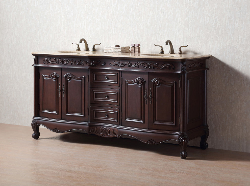 Cassandra 72" Dark Cherry Double Sink Bathroom Vanity, Travertine Marble Top