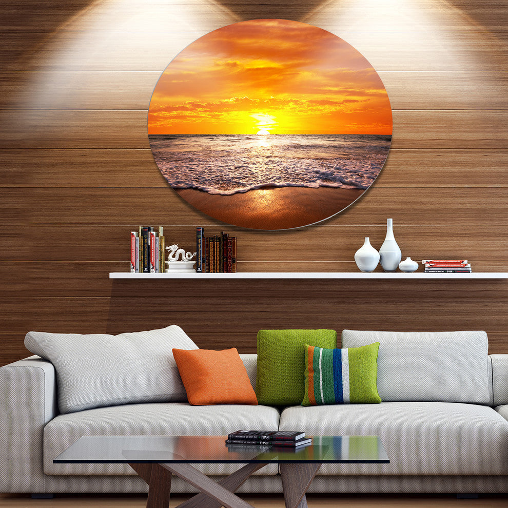 Majestic Sunset With Foaming Waves, Seashore Disc Metal Wall Art, 36"