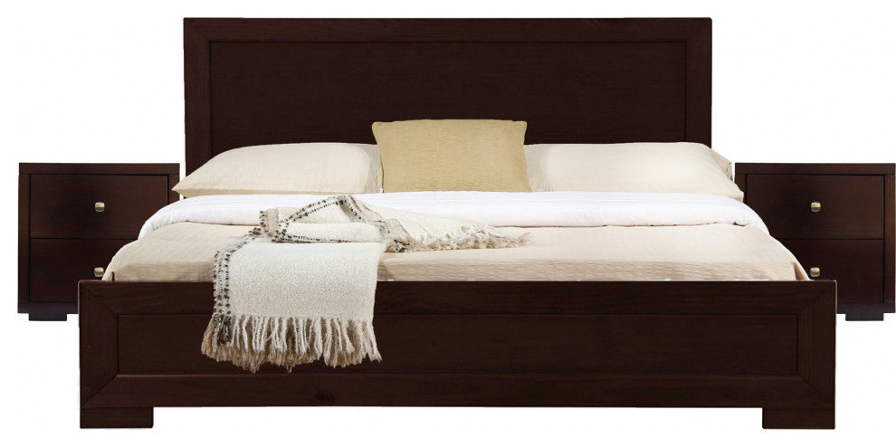 Moma Espresso Wood Platform King Bed With Two Nightstands