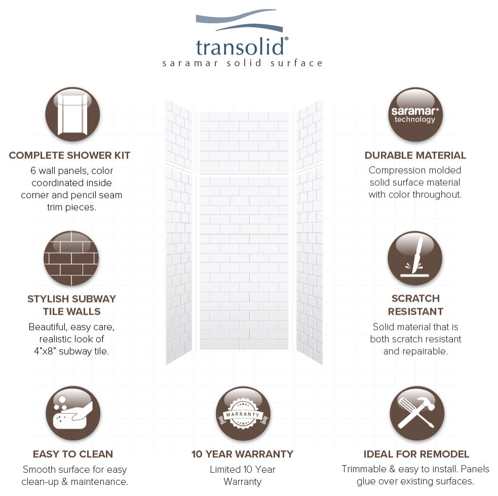 Transolid SaraMar 36"x36"x96" 6-Piece Shower Wall Kit with Extension, White